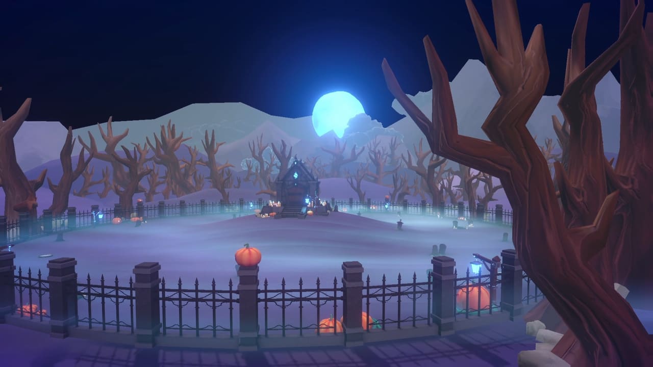 Burreito screenshot: the fenced graveyard arena under a full moon