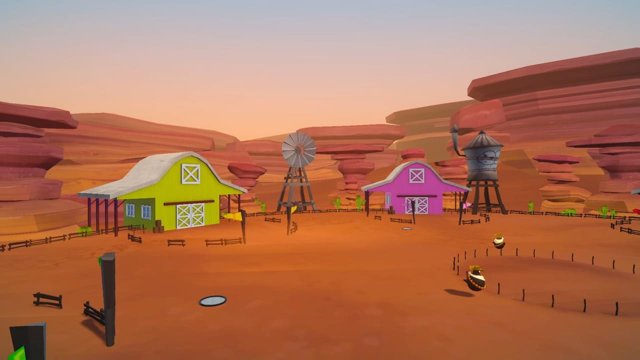 Chicken Hunt screenshot: the desert farm with two rival pens facing each other and chickens on the loose