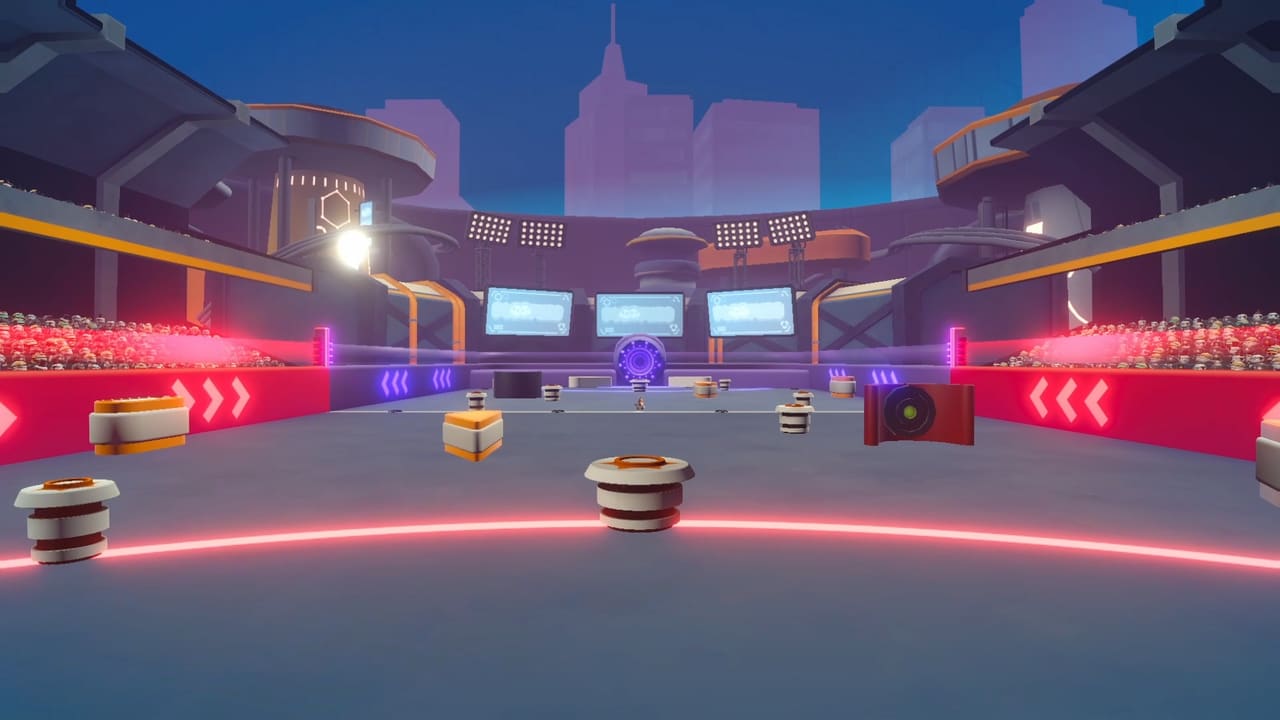 Football screenshot: the futuristic pinball stadium, bumpers scattered across the pitch and the city skyline behind