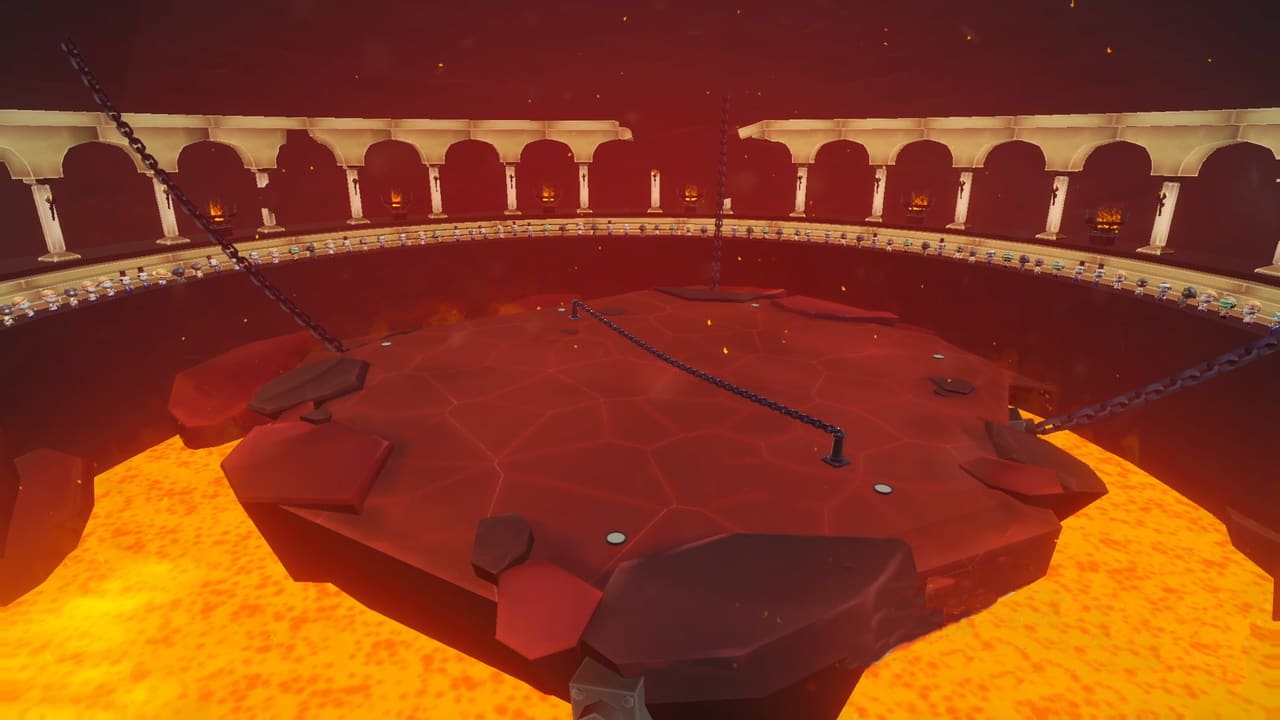 Hot Ploomie screenshot: the colosseum platform hanging from chains over a lake of lava