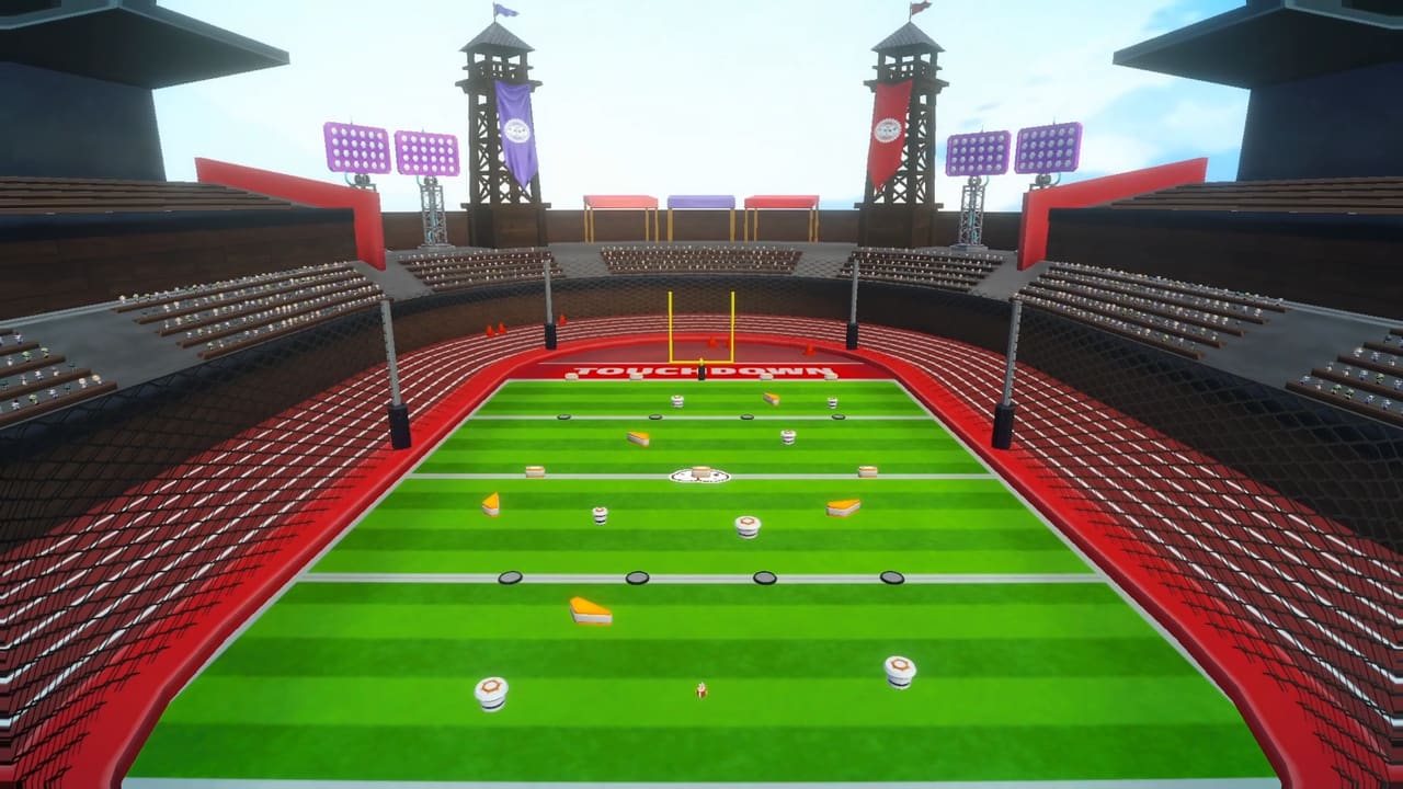 Rugby screenshot: the stadium pitch with the TOUCHDOWN end zone and the goalposts at the far end