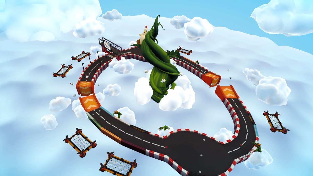 Sky Race screenshot: the track floating between clouds with chickens flying around it