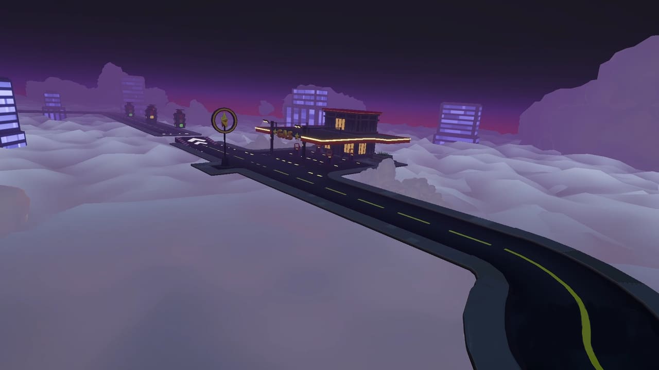 TRACJ screenshot: the night road of the obstacle circuit with the gas station in the background