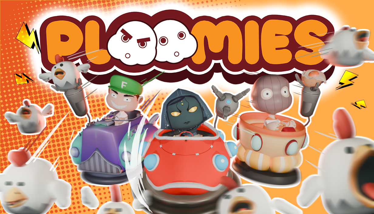 Ploomies — los personajes pilotando sus naves entre gallinas voladoras, bajo el logo del juego